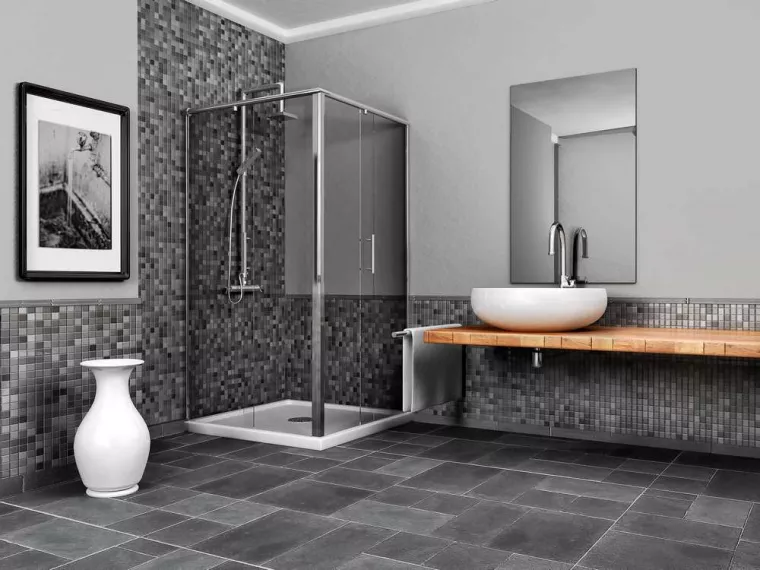 Pose de faïence dans une salle de bain sombre, Nay, Vincentretien